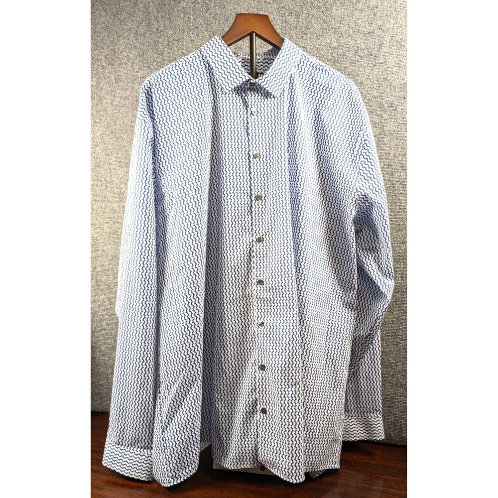J. Ferrar Stretch Big‎ & Tall Mens 2XL 18-18.5 Blue White Geometric Button Down